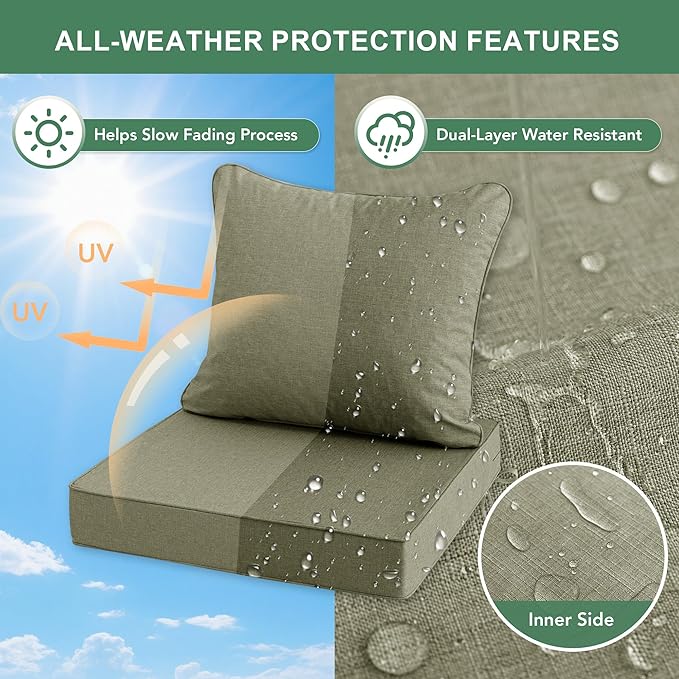 Summsun Water Resistant Outdoor Chair Cushions, Faux Linen Backrest and Deep Seat Cushion Set with Ties, Removable Cover, Non-Slip Bottom for Patio Furniture, 22 x 22 Inch, Mocca Green, Set of 2