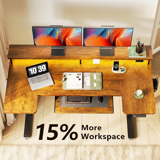 OffiGo U Shaped Electric Standing Desk with Keyboard Tray, 55 Inch Height Adjustable Desk with Power Outlets & LED Lights, Sit Stand Table with Monitor Stand for Home, Office, Rustic Brown