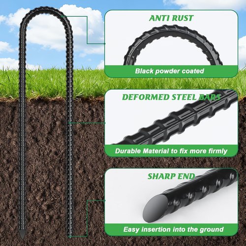 Gtongoko Heavy-Duty Trampoline Stakes - Galvanized Steel U-Shaped Ground Anchors | Black