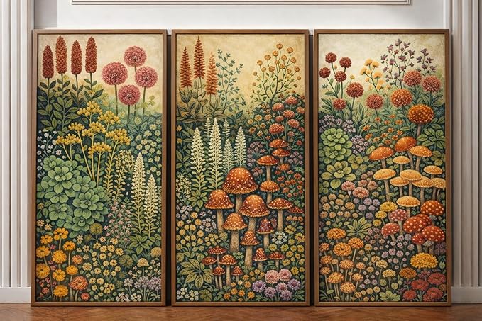 Framed Canvas Wall Art Set of 3 Vintage Botanical Mushroom Prints 16x24 Inch