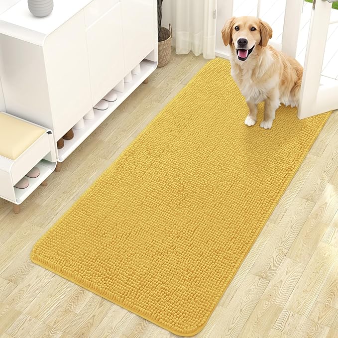 OLANLY Dog Door Mat for Muddy Paws 47x24, Absorbs Moisture and Dirt, Absorbent Non-Slip Washable Doormat, Quick Dry Chenille Mud Mat for Dogs, Entry Indoor Entryway Carpet for Inside Floor, Yellow