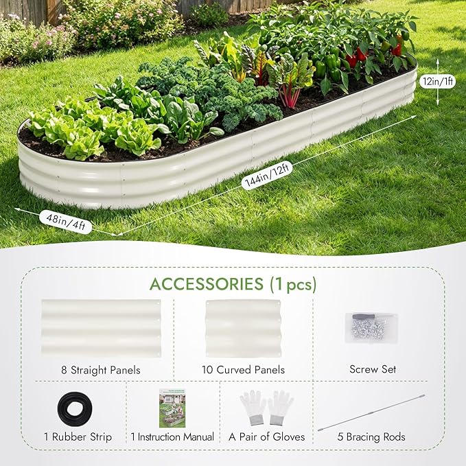 INNO STAGE Galvanized Raised Garden Bed, 12x4x1FT Oval Metal Raised Garden Beds for Vegetables, Rust-Resistant & Easy Assembly, Outdoor Planter Box for Gardening, Flowers, Herbs (White)