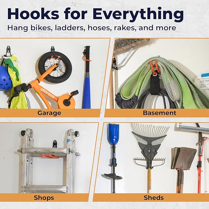 16 Pack Steel Heavy Duty Garage Hooks Storage Hooks with Anti-Slip Coating, Utility Garage Wall Mount Hanger and Organizer for Bikes, Ladder, Rope, Broom, Shovel and Garden Power Tools (16, Orange)