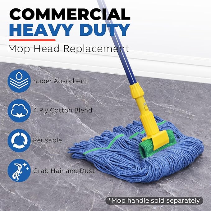 Onesimus 18 oz Heavy Duty Mop Head Replacement, 5 Inch Headband for Quick Change Handle, Blue Loop-End Cotton Blend String Wet Dry Floor Mop Refill Commercial Cleaning Supplies, 1 Pack Medium