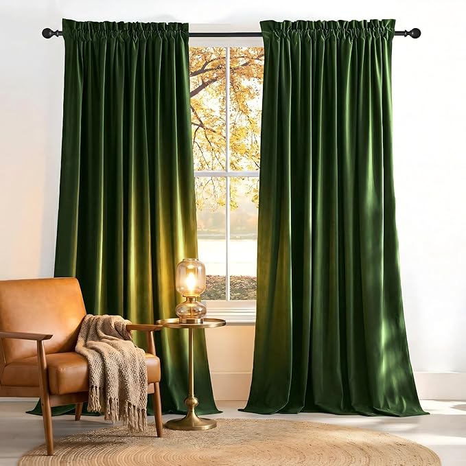 NICETOWN Olive Green Velvet Blackout Curtains 80 inch Long