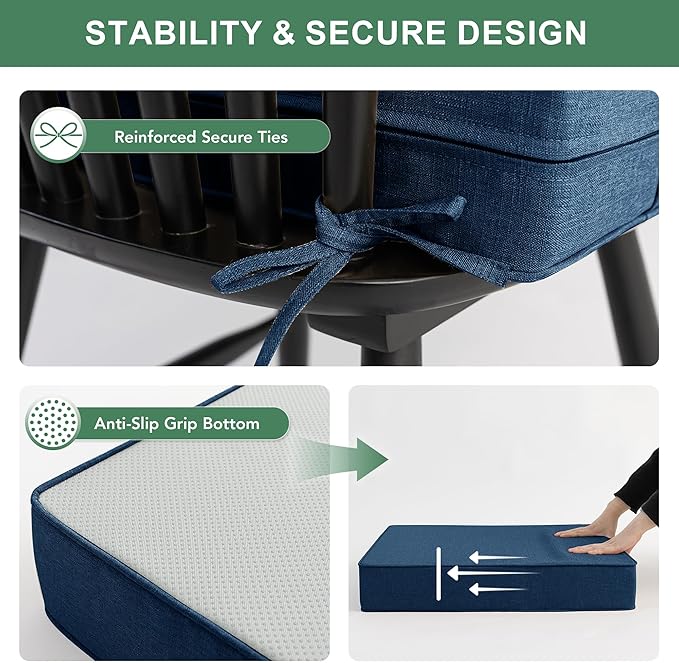 Summsun Outdoor Chair Cushions, Faux Linen Backrest and Deep Seat Cushion Set for Patio Furniture with Weather Resistant Removable Cover, Ties, Non-Slip Bottom, 24 x 24 Inch, Navy, Set of 4