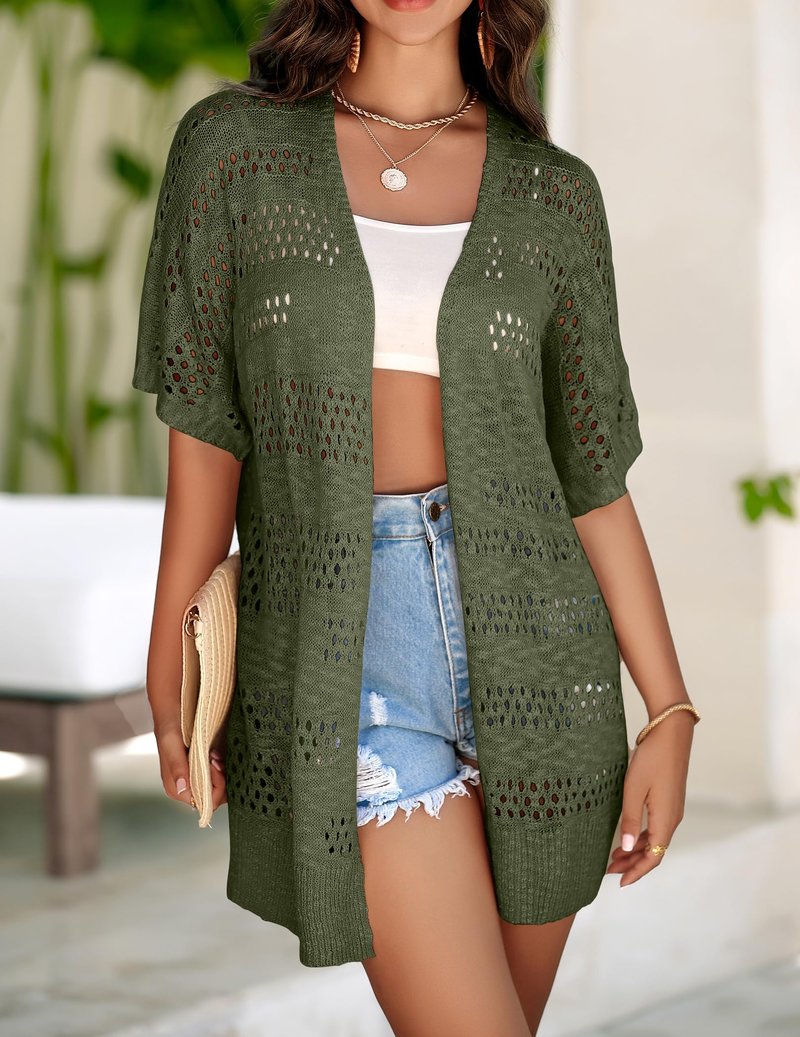 Zeagoo Crochet Cardigan for Women Light Weight Boho Short Sleeve Loose Fit Knitted Oversized Cardigan for Summer Dark Green