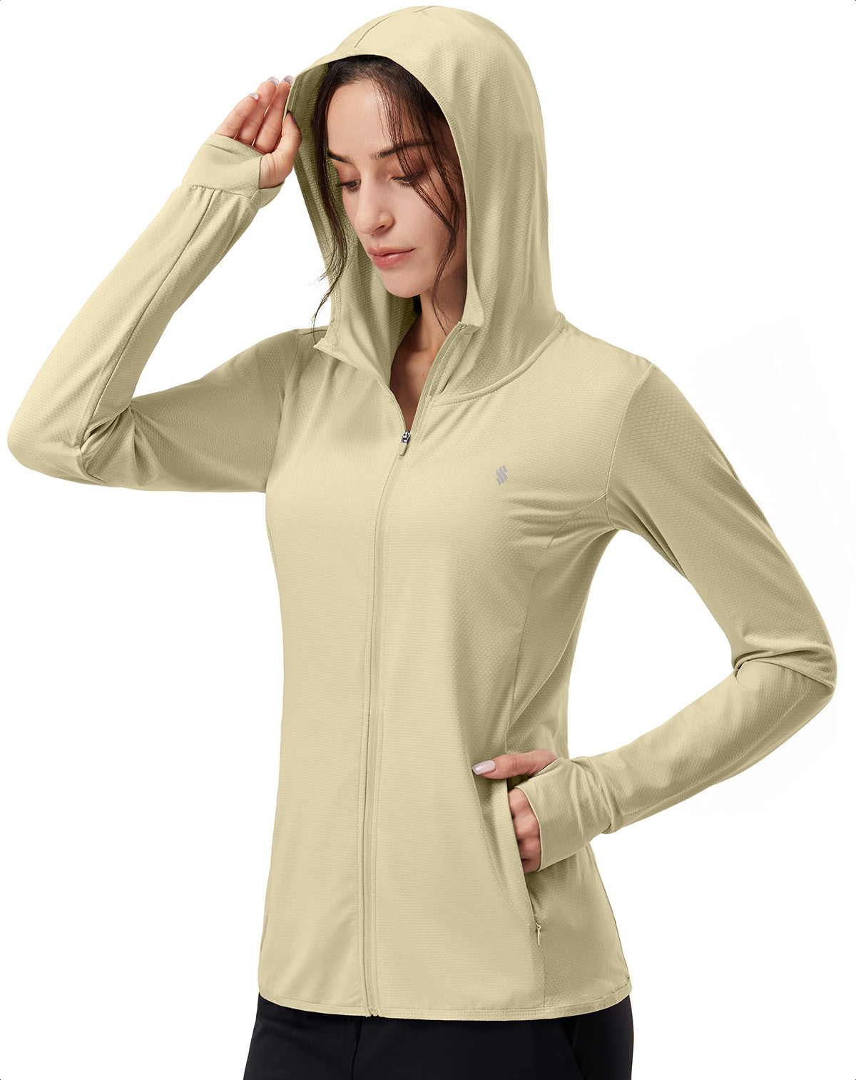 Soothfeel Women's UPF 50+ Sun Protection Hoodie Jacket Lightweight Long Sleeve Sun Shirt for Women with Pocket Hiking Outdoor(Khaki, XL)