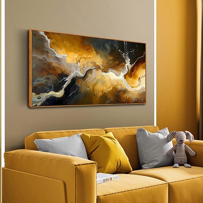 Abstract Wall Art for Bedroom, Marble Canvas Wall Decor for Living Room, Black and Gold Picture Print Artwork for Office, Size 48 x 24 Inches Framed