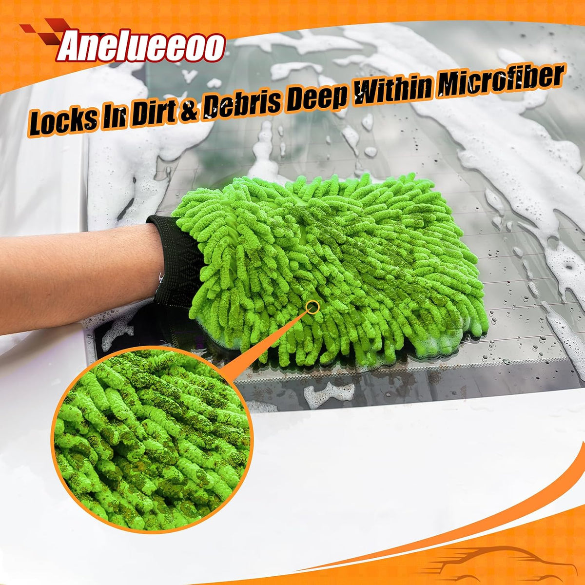 Car Wash Mitt Microfiber, Premium Chenille Microfiber Wash Car Mitts Sponge Scratch Free & Lint-Free, Mitts Waterproof Lining 4 Pack Green (8''X12'')