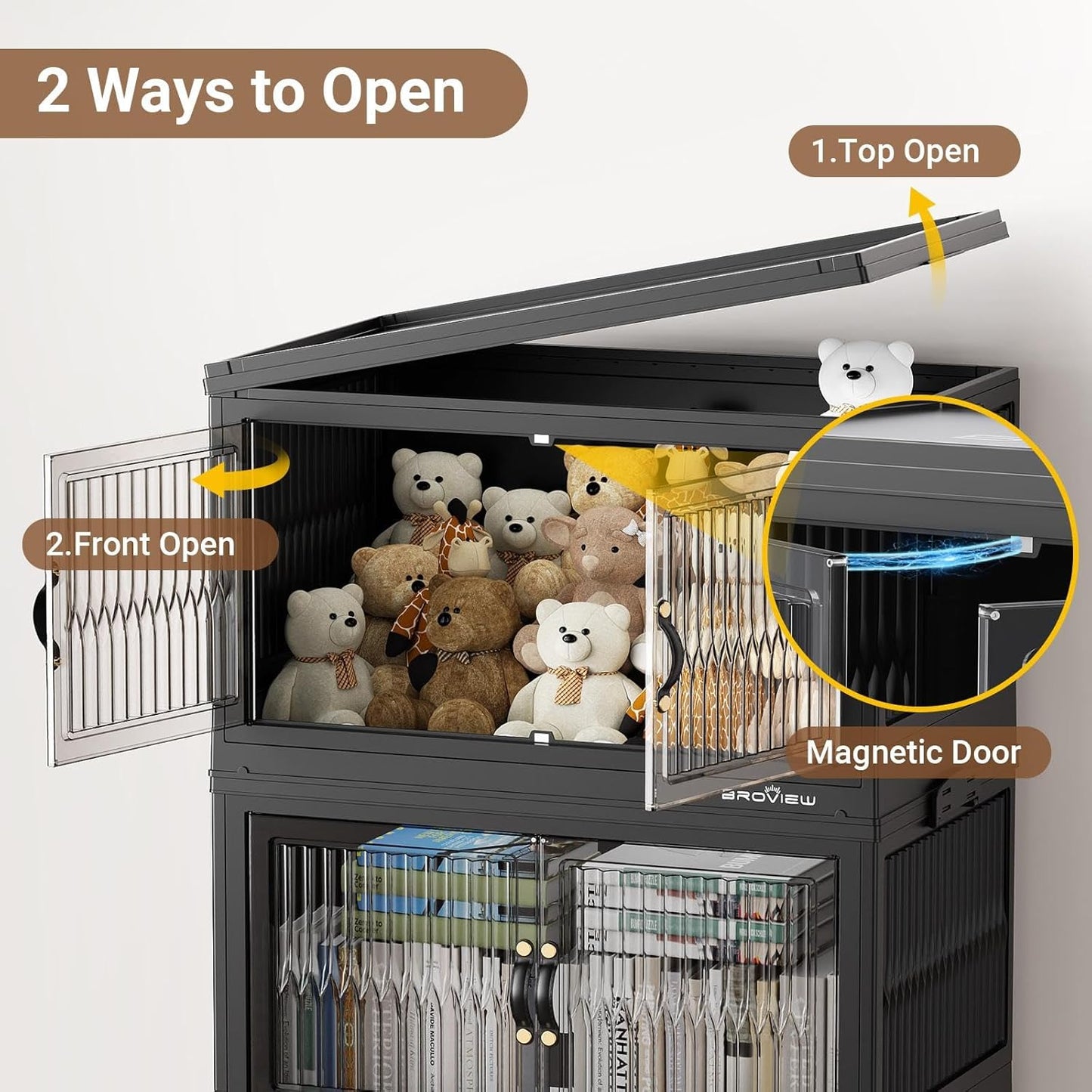 BROVIEW 360Qt Stackable Storage Bins with 3 Lids, Extra Large Closet Organizer Collapsible Drawer Boxes with Wheels, Folding Plastic Cabinet Containers for Home Kitchen Room Organization, 3Pack Black