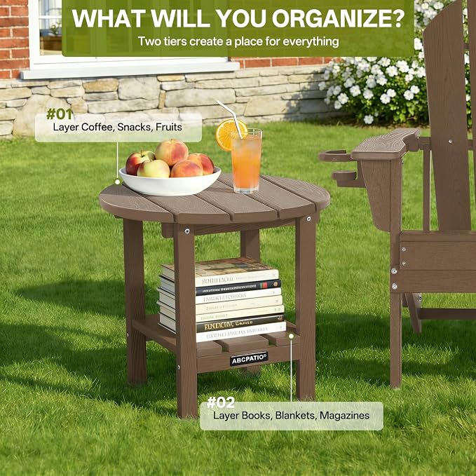 Outdoor Side Table Round - Patio Side Tables - HDPE Small Outdoor End Table for Backyard Pool Porch Balcony - Double Layer Storage - Light Brown (Wood Grain Finish)
