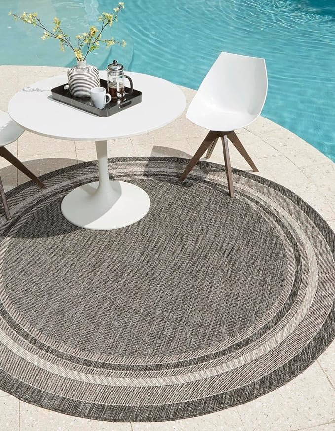 Unique Loom Outdoor Border Collection Area Rug - Soft Border (13' Round, Black/ Ivory)