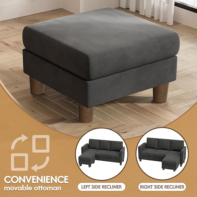 VICTONE Convertible Sectional Sofa Couch, 3 Seat L-Shaped Sofa with Linen Fabric Ottoman Small Couch for Small Apartments, Living Room and Office (Linen Fabric, Dark Gray)