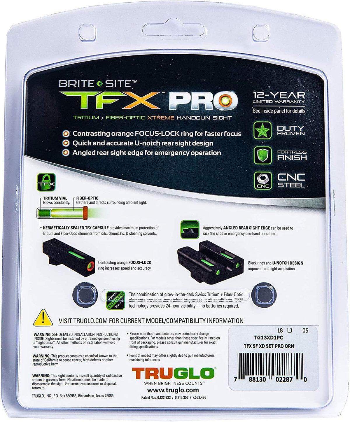 Truglo TFX PRO Night Sight for Handguns - Glowing Tritium & Fiber Optic, Compact & Durable