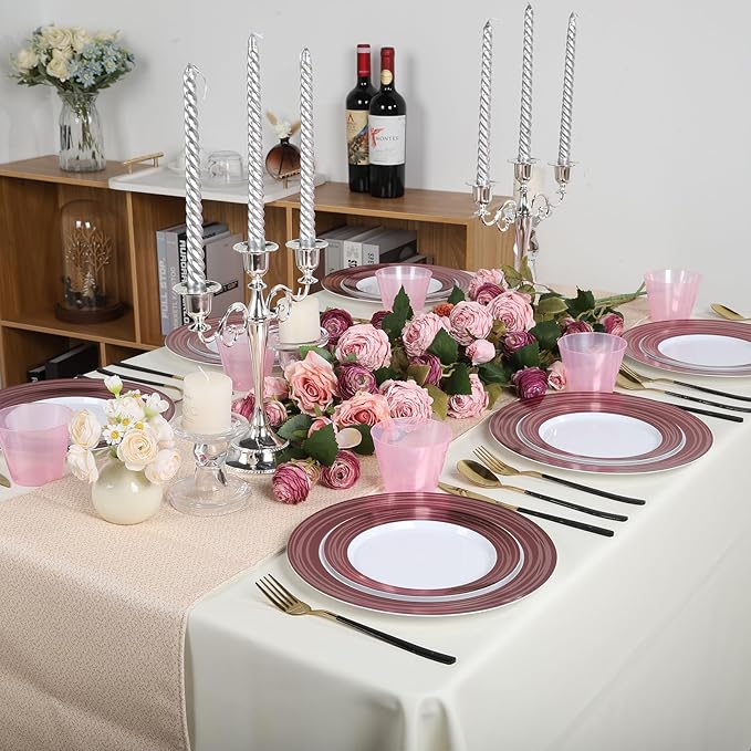 100PCS Reddish Brown Disposable Plastic Plates Include 50PCS 10.25inch Dinner Plate and 50PCS 7.5inch Dessert Plate Heavy Duty Plastic Dinnerware for Party Wedding Anniversary New Year