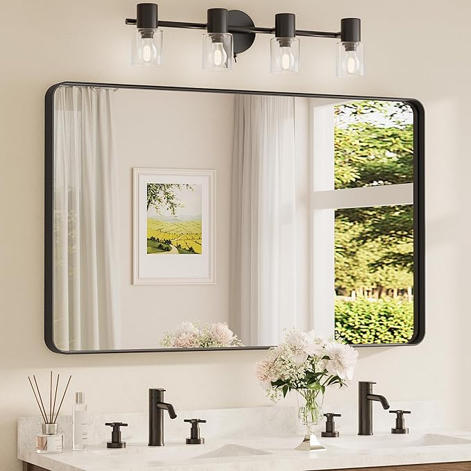 TETOTE 48 x 30 Inch Bathroom Mirror, Matte Black Modern Metal Frame Rectangle