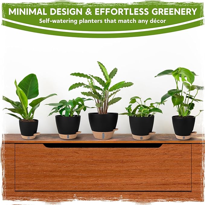 Self-Watering Pots for Indoor Plants with Visible Water Window,5/6/6.5/8/10 Inch Outdoor Flower Pots with Drainage Holes & Reservoir for Patio, Home Decor (Black)