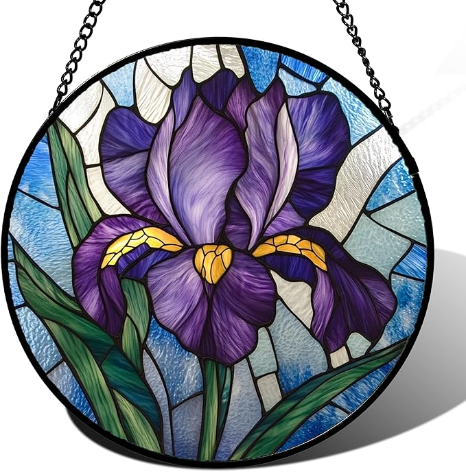 Stained Glass Window Hanging - Iris Birth Flower Suncatcher for Doors Garden Yard Purple Blue Sun Catchers Decor Christmas Mother's Day Birthday Gifts for Teacher Women Mom Nana 6.3 in