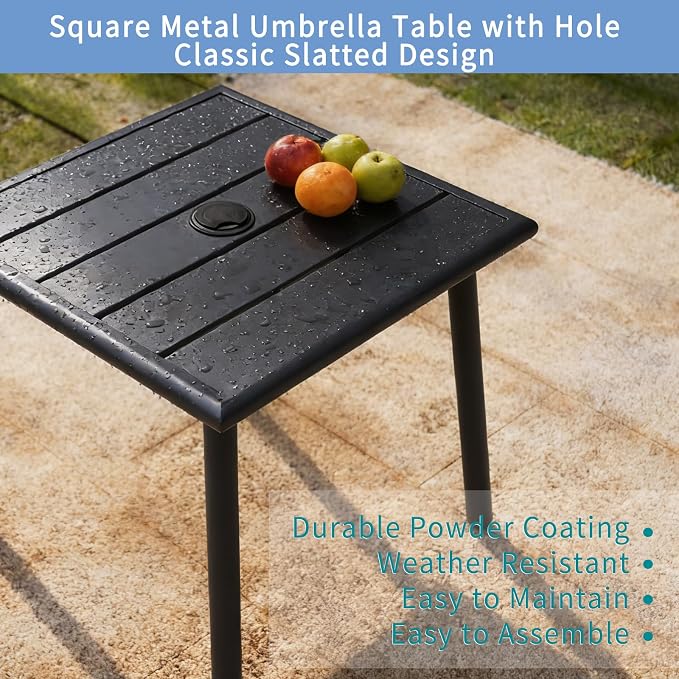 Small Metal Outdoor Side Table with Umbrella Hole, Sqaure Patio Coffee Bistro Table End Table, Umbrella Table with Hole for Poolside Backyard Porch Deck Balcony,19.7x19.7 inches, Black