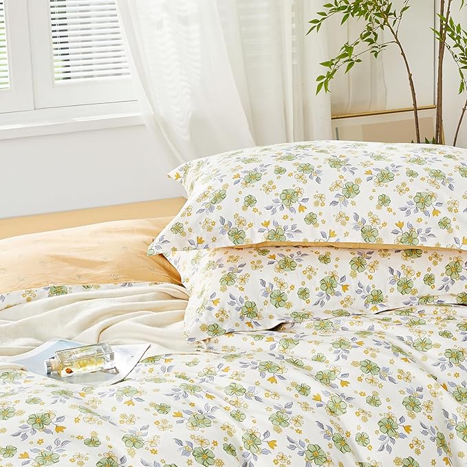 SAPHREAS Green Floral Duvet Cover Set Full Size 3pcs Botanical Blossom Bedding Comforter Cover Set 100% Cotton 1 Duvet Cover 90"x80" 2 Pillow Shams, Comforter Not Included