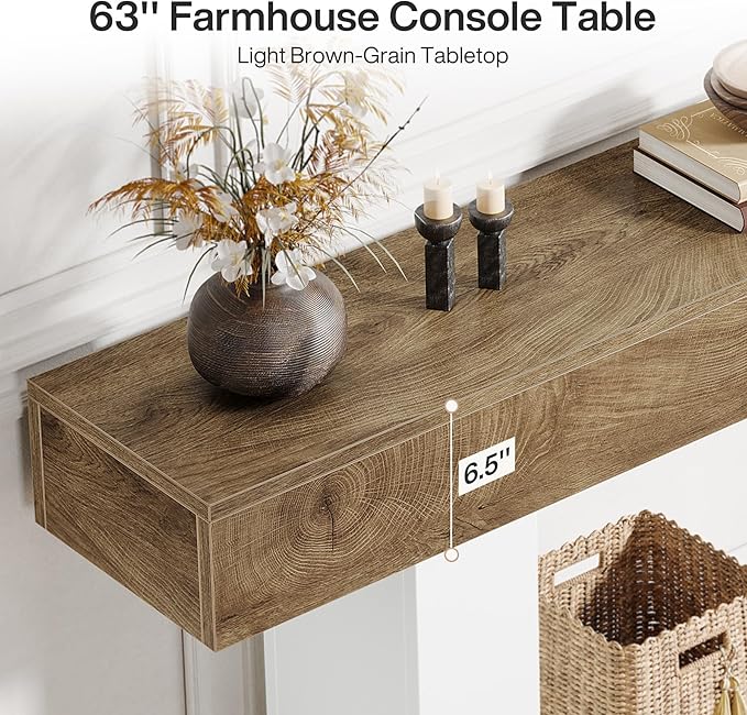 Tribesigns 63" Console Table, Farmhouse 2-Tier Entryway Table with U-Shaped Base, Narrow Long Wood Sofa Table Behind Couch Table for Living Room, Hallway, Foyer, Light Brown & White