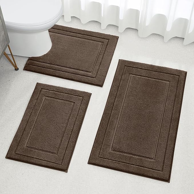 HOMEIDEAS Bathroom Rugs Sets 3 Piece, Super Soft and Absorbent Non Slip Microfiber Toilet Bath Mat with U-Shaped (Brown)