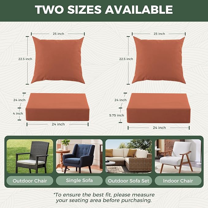 Outdoor Cushions for Patio Furniture, Outdoor Seat Cushion Set 24 x 24 x 5.75 Inch, Waterproof & Fade Resistant Outdoor Chair Cushions, Deep Patio Chair Cushion with Removable Cover, Spice