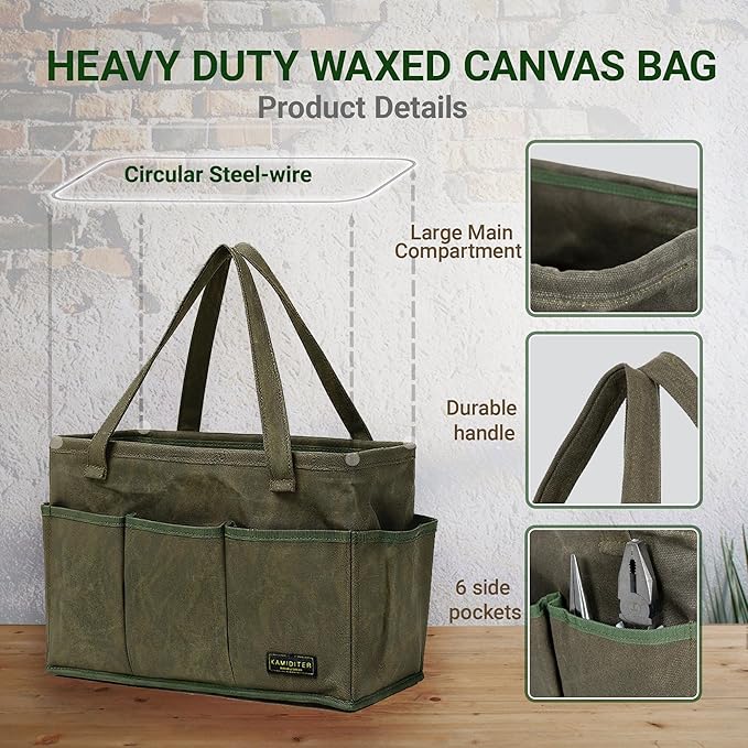 Tool Bag with Metal Frame, Waxed Canvas Wide Open Top Tool Tote Bag with 10 External Pockets, 15.5 x 7.5 x 10.5 Inches (ArmyGreen)
