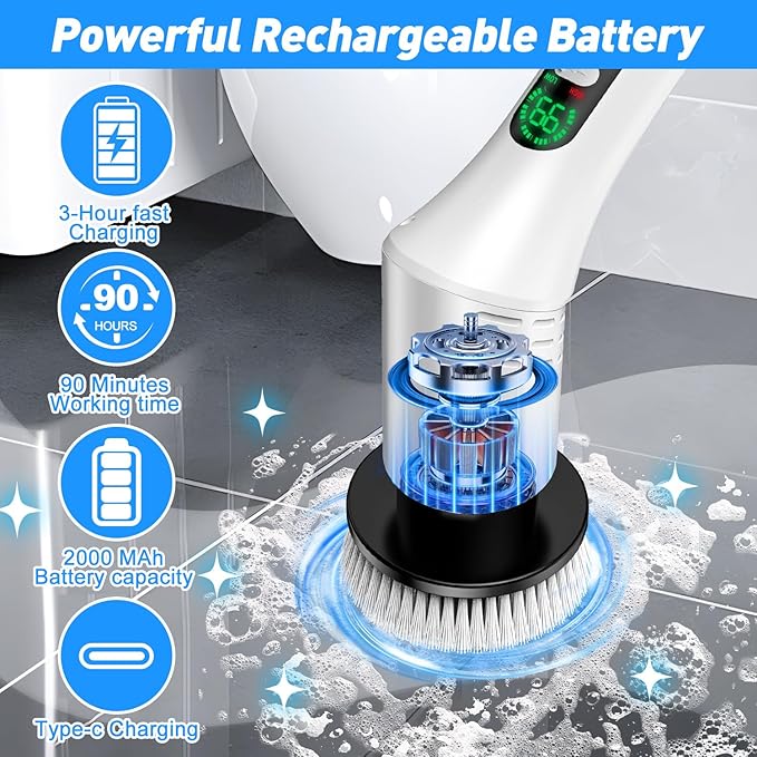 Electric Spin Scrubber, Cordless Shower Cleaning Scrubber with 9 Brush Heads, 2 Speed with Adjustable Extension Handle, Waterproof Bathroom Scrubber with LCD Display for Bathtub Kitchen Wall