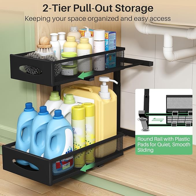 Under Sink Organizer, 2 Pack 2 Tier Pull out Cabinet Organizer Baskets with Mesh Sliding Drawers, Slide out Sink Storage Shelves for Home, Kitchen, Bathroom, Pantry, Office Organizers and Storag,Black