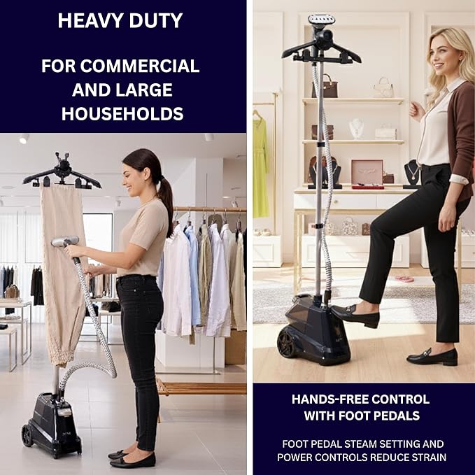 SALAV® Heavy Duty Smart Auto Shut-off Commercial Full-Size Garment Steamer, Beeping Alert when Water Runs out, Foot Pedal Control, XL 3L (101.5 oz) Tank, 1800 watts, 90+min of Continuous Steam, Navy