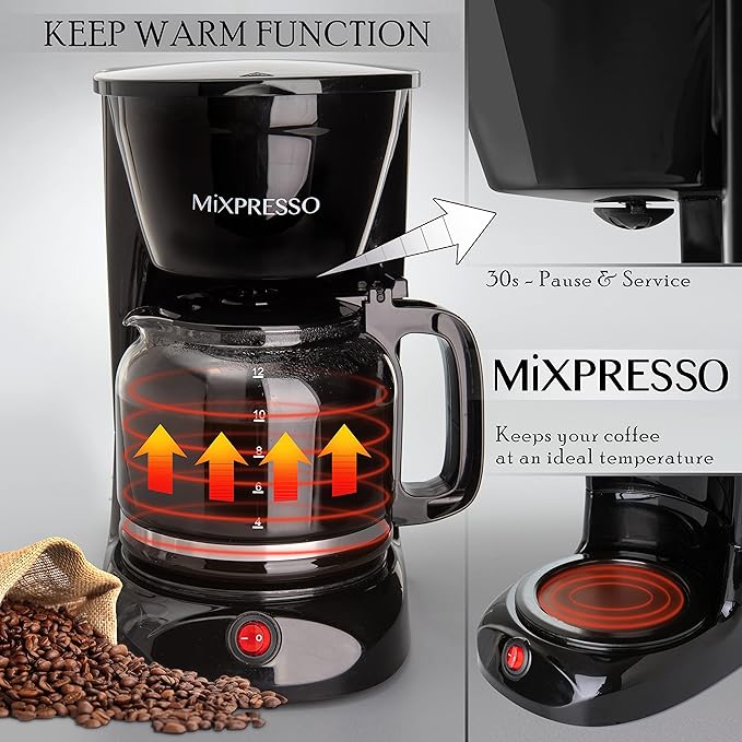 Mixpresso 12 Cup Coffee Pot, Auto-Off & Reusable Filter, Large Drip Coffee Maker 12 Cup Borosilicate Glass Carafe, Anti-Drip Coffee Machine Water Level Window, Black Electric Coffee Maker