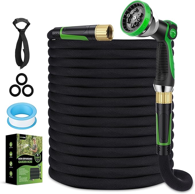Garden Hose 150 ft, Non-Expandable Ultra-Lightweight Flexible Hose with 360° Dual-End Anti-Kink Design, 10-Pattern Spray Nozzle, 500 PSI Leak-Proof, 96-Strand Braided Fabric, Storage Strap