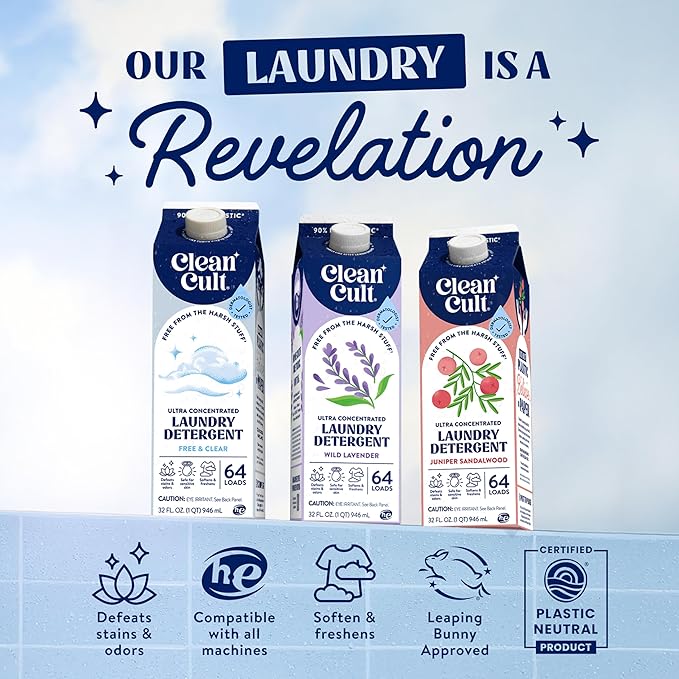 Ultra Concentrated Liquid Laundry Detergent Soap, 64 loads (32 oz), 90% Less Plastic, No Harsh Chemicals, Free & Clear, Defeats Stains & Odors, Eco-friendly, HE/Standard Compatible