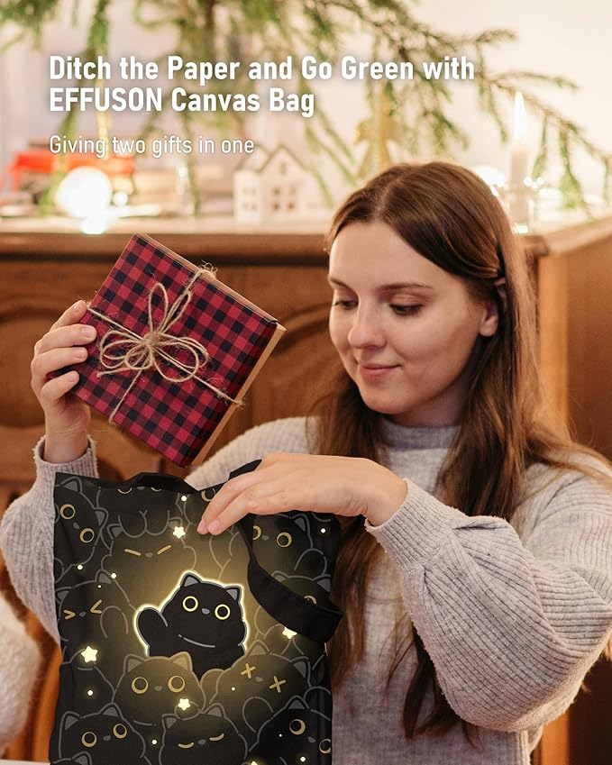 Canvas Tote Bag with Aesthetic Prints, Cute Tote Bag for Women Girls with Wide Strap, Gifts for Cat Book Lovers