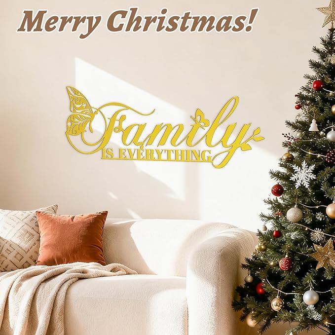 Golden Family Signs Metal Wall Art Home Decor, Family Is Everything Words Sign Modern Wrought Iron Hanging Door Plaque Letters Decoration for Living Room Photos Dining Room Bedroom Housewarming Christmas
