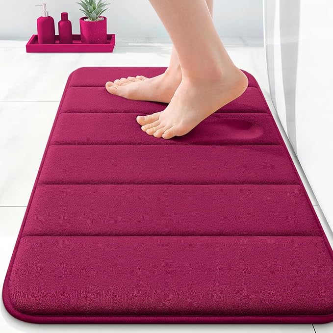 OLANLY Memory Foam Bath Mat 24x16, Super Soft Absorbent Bathroom Rugs, Quick Dry, Machine Washable Shower Floor Rugs, Bathmat Carpet, Bathroom Home Decor Accessories, Burgundy