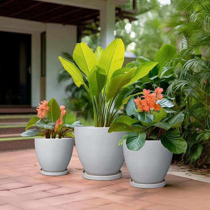 Ceramic Plant Pots - 10+8+6 Inch Modern Round Planters for Indoor Outdoor, Flower Pots with Drainage Holes and Plant Saucers, House Office Decor, Gardening Gifts, Set of 3, Grey