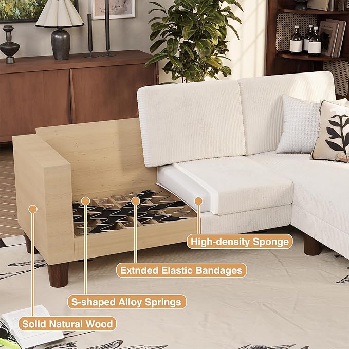 VICTONE Convertible Sectional Sofa Couch, 3 Seat L-Shaped Sofa with Linen Fabric Ottoman Small Couch for Small Apartments, Living Room and Office (Corduroy, Cream)