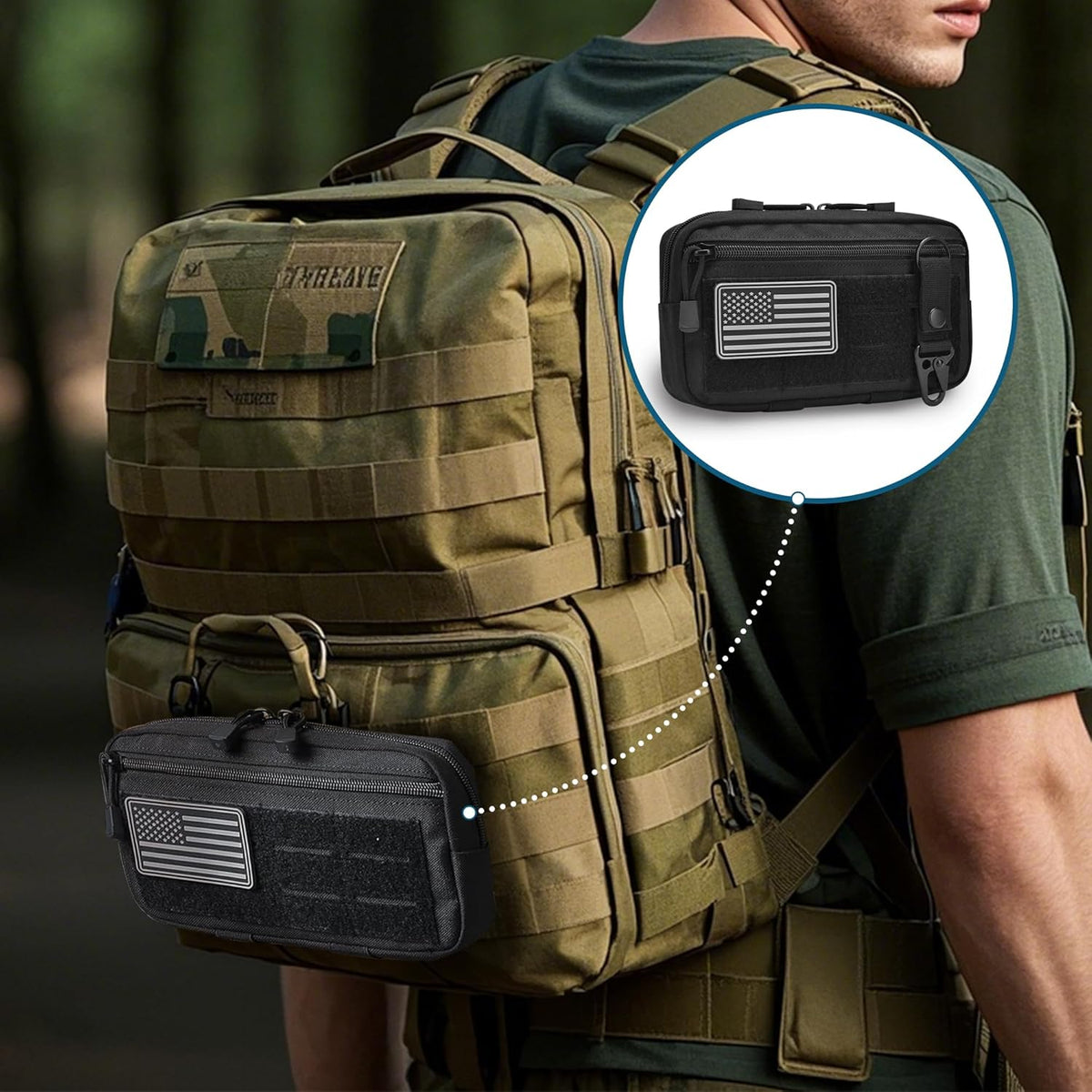 Skiennix Tactical Molle Admin Pouch - Multi-Purpose Tool Bag with US Flag Patch & Keychain