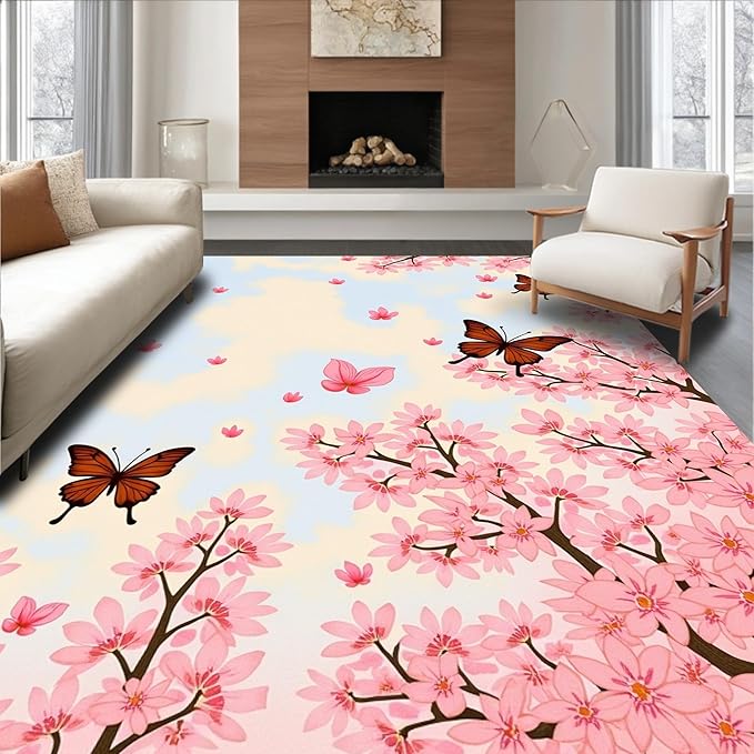 Flatwoven High Traffic Area Rug 5x7, Exquisite Springtime Blossom Shower Curtain Matching Suite, Non Slip, Stain Resistant, Washable Area Rugs for Living Room, Bedroom (Pink, 5x7)