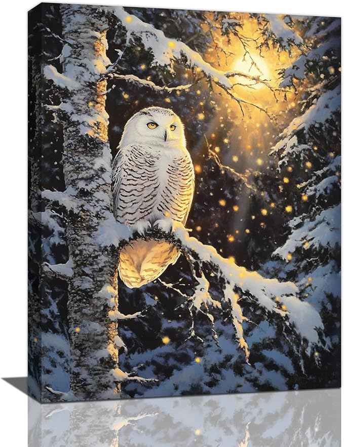 Owl Wall Art, Winter Snow Owl Pictures Wall Decor, Forest Animal Canvas Prints Painting, Framed Artwork for Bathroom Living Room Bedroom Office Dining Room 20"X16"