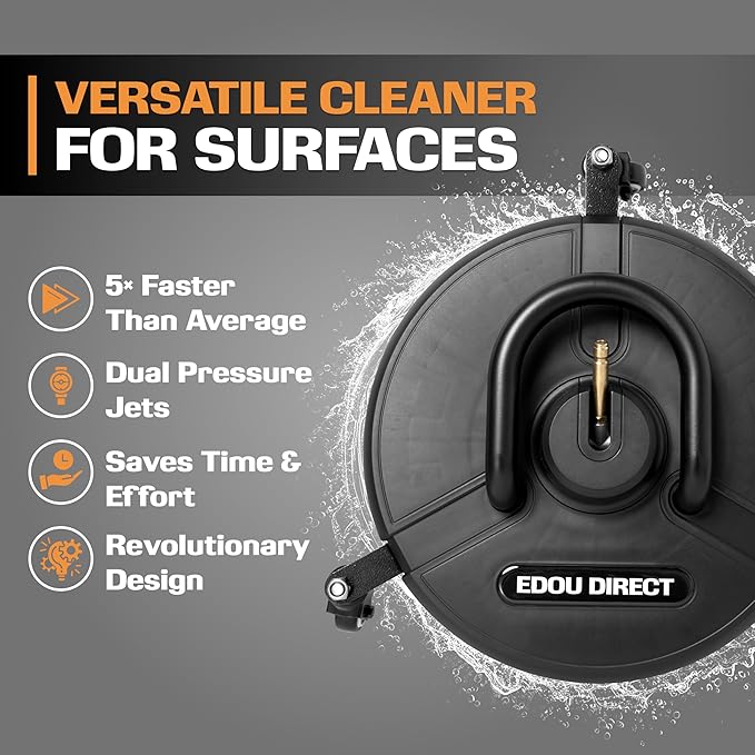 Edou Direct - Pressure Washer Surface Cleaner with Wheels and Handle - Heavy-Duty Plastic - 15'' - Compatible with Most Electric Pressure Washers - 1/4 Inch Quick-Connect - Black