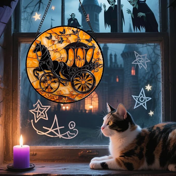 Stained Glass Window Hanging - Halloween Pumpkin Carriage Suncatcher for Doors Window Garden Indoor Spooky Funny Orange Sun Catchers Gothic Decor Horror Gifts for Women Men Friend 11.8 in