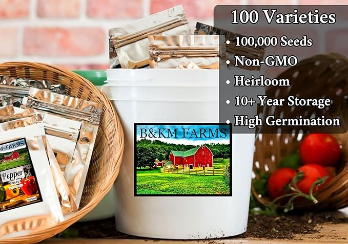 B&KM Farms 100,000+ Heirloom Survival Seed Kit | 50+ Non-GMO Vegetable & Fruit Varieties | 100 Seed Packets | 5-15 Year Food Storage | Weatherproof Bucket for A Sustainable, Self-Sufficient Garden