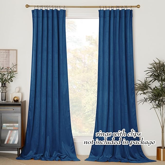 NICETOWN Blue Velvet Curtains 108 inches Long, Room Darkening Luxury Silky