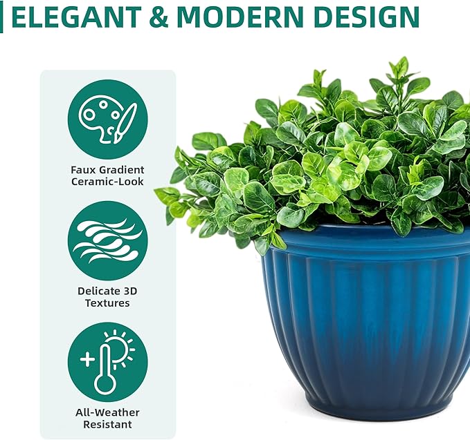 15" Large Flower Pots, Set of 2 Plastic Planters for Outdoor Indoor Plants with 3D Textures, Weather-Resistant for Porch, Garden, Patio or Indoor Use, Gradient Cobalt Blue