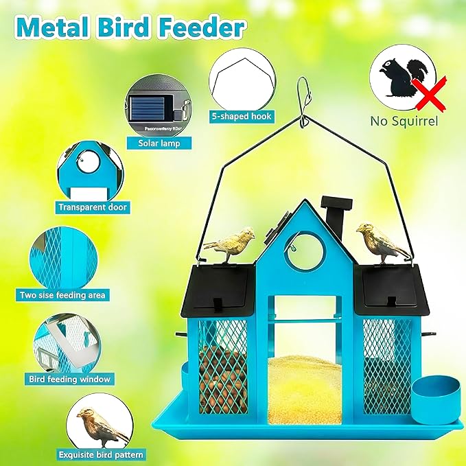Solar Bird Feeders House for Outside Hanging, Metal Wild Bird Feeder for Outdoors Large Capacity Cardinal Birdfeeder Birdhouses Metal Bird Feeding Station Blue