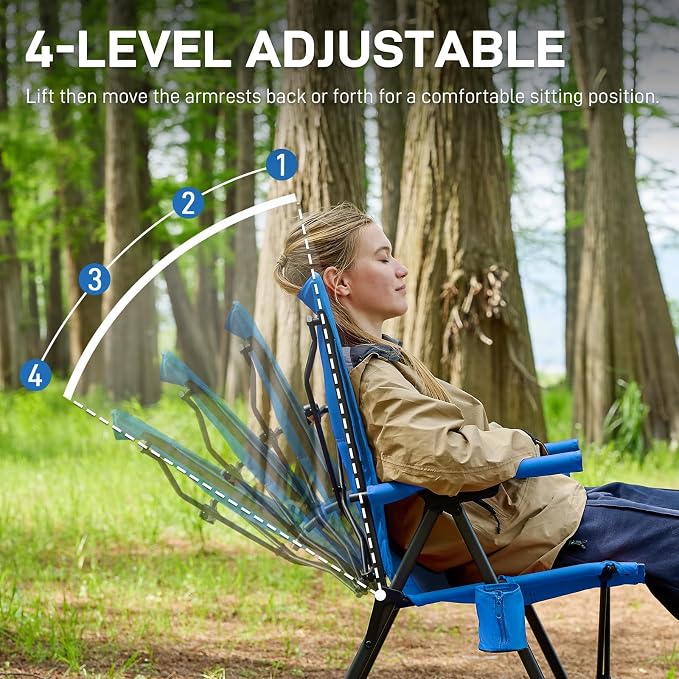 EVER ADVANCED Reclining Camping Chairs for Adult Lightweight, Folding Recliner Chair with Adjustable Back, 4-Level Lounge Chairs, Portable Lawn Chairs for Patio Balcony, Supports 350lbs Blue
